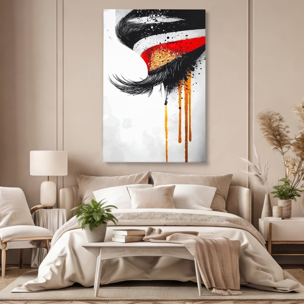 Tablou canvas cu tablou canvas cu ochi stilizat, fara rama, pe sasiu de lemn, pe perete intr-un dormitor